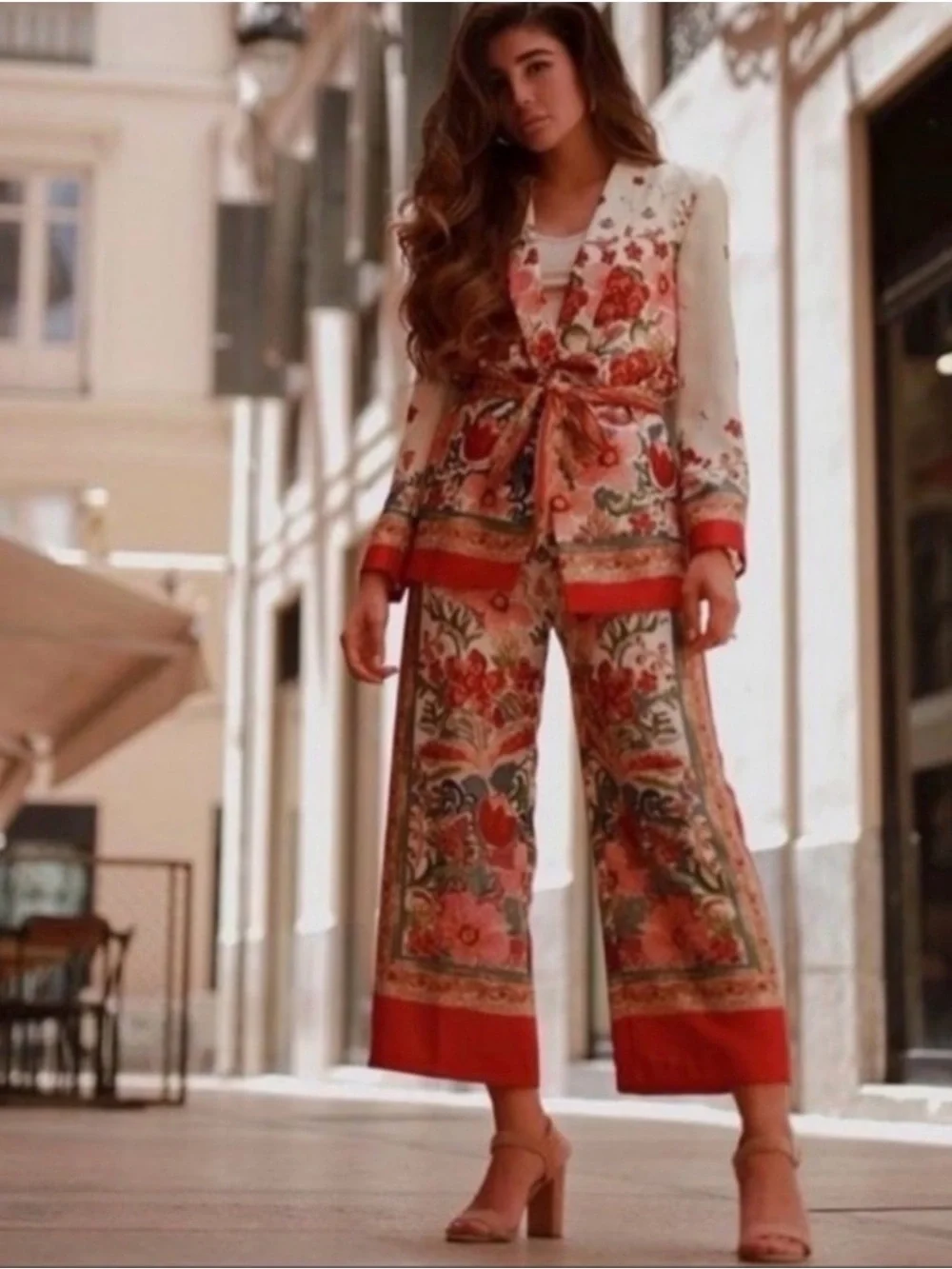 Zara Cream Multicolor Floral Wide-Leg Pants & Matching Jacket Set